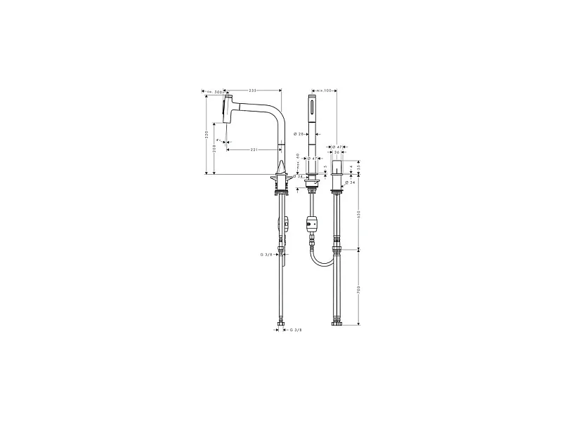 Robinet de cuisine encastré avec douchette HANSGROHE Metris Select M71 2 jets chromé