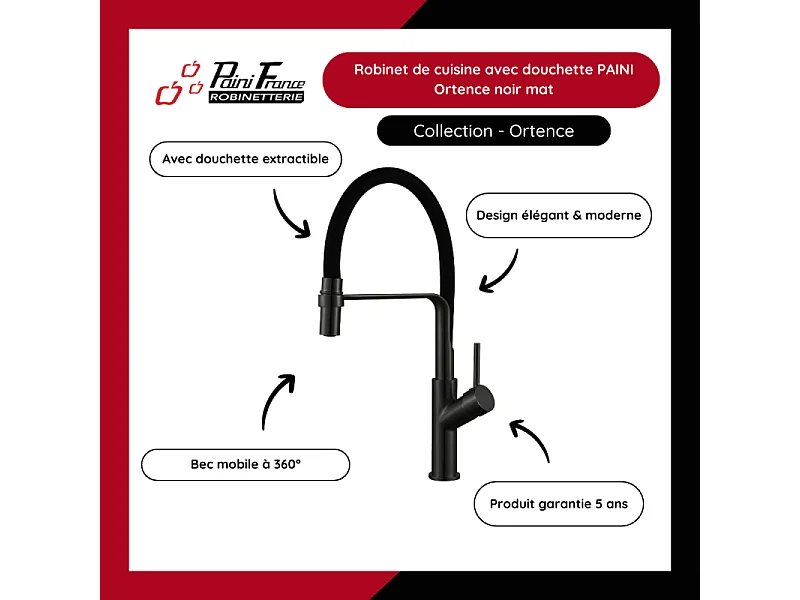 Robinet de cuisine avec douchette PAINI Ortence noir mat