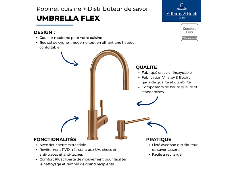 Robinet cuisine VILLEROY ET BOCH Umbrella flex + Distributeur de savon Bronze