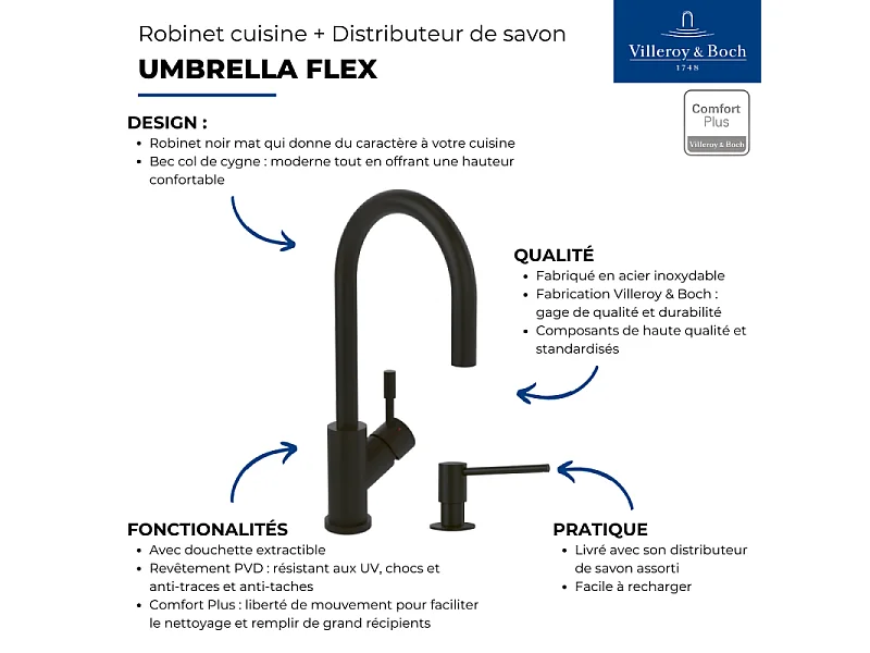 Robinet cuisine VILLEROY ET BOCH Umbrella flex + Distributeur de savon Noir mat
