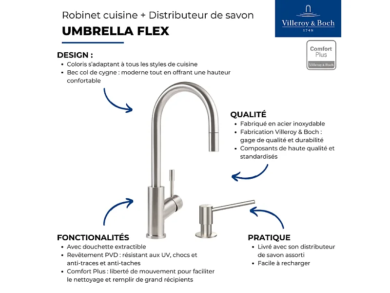 Robinet cuisine VILLEROY ET BOCH Umbrella flex + Distributeur de savon Acier massif