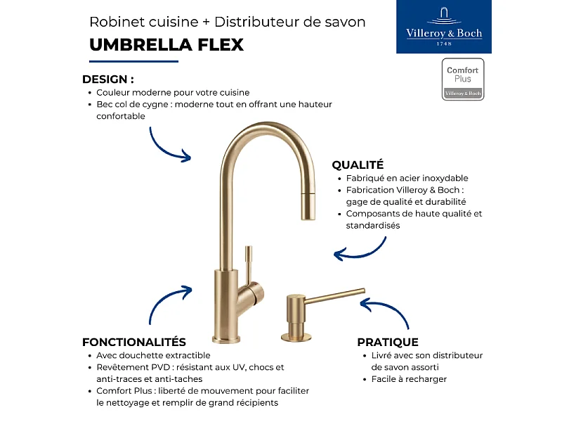 Robinet cuisine VILLEROY ET BOCH Umbrella flex + Distributeur de savon Or mat