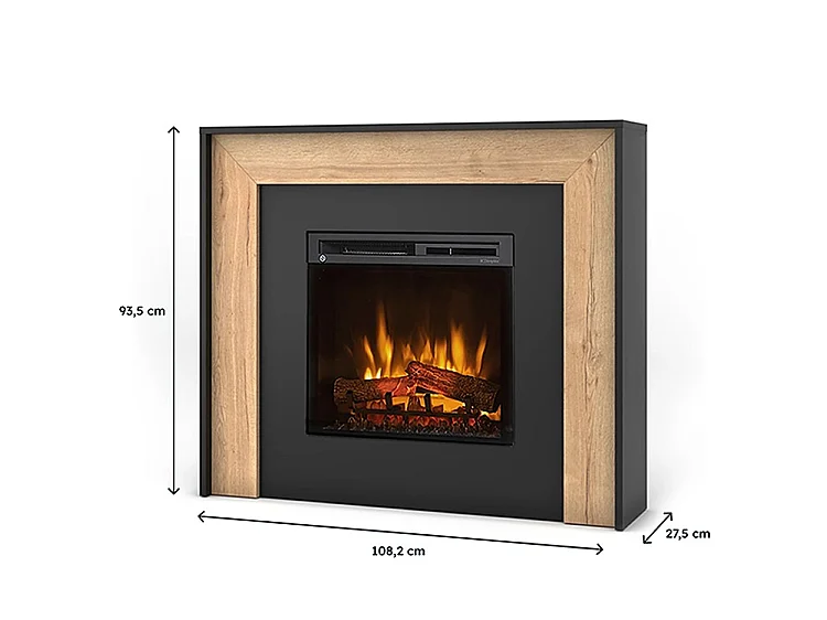 ZUNI – Freistehender elektrischer LED-Fußbodenheizkamin – 23" – 108,2 x 93,5 x 27,5 cm – Schwarz/Helle Eiche