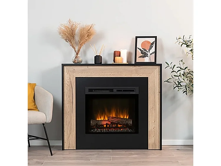 ZUNI – Freistehender elektrischer LED-Fußbodenheizkamin – 23" – 108,2 x 93,5 x 27,5 cm – Schwarz/Helle Eiche