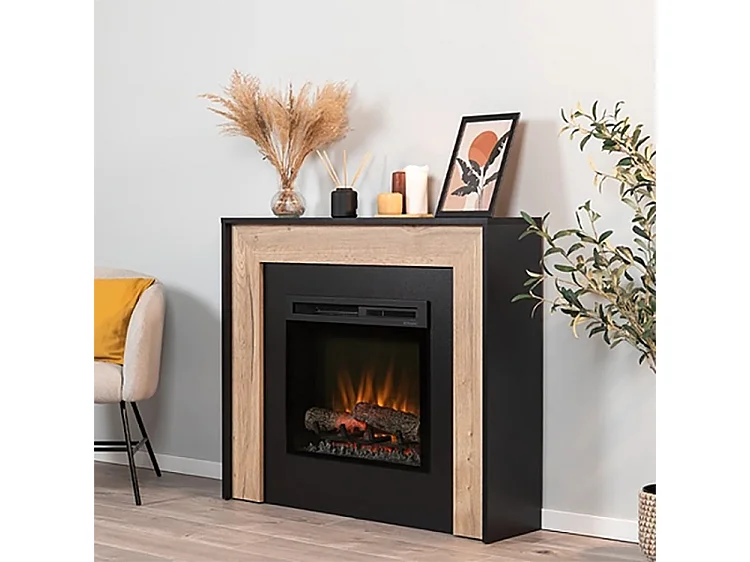 ZUNI – Freistehender elektrischer LED-Fußbodenheizkamin – 23" – 108,2 x 93,5 x 27,5 cm – Schwarz/Helle Eiche