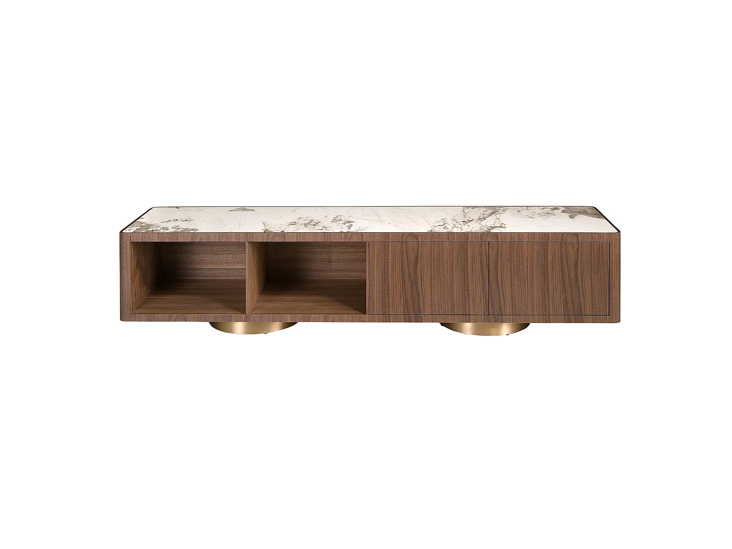 Meuble TV en noyer, acier poli doré et plateau en marbre céramique 3311 ANGEL CERDA