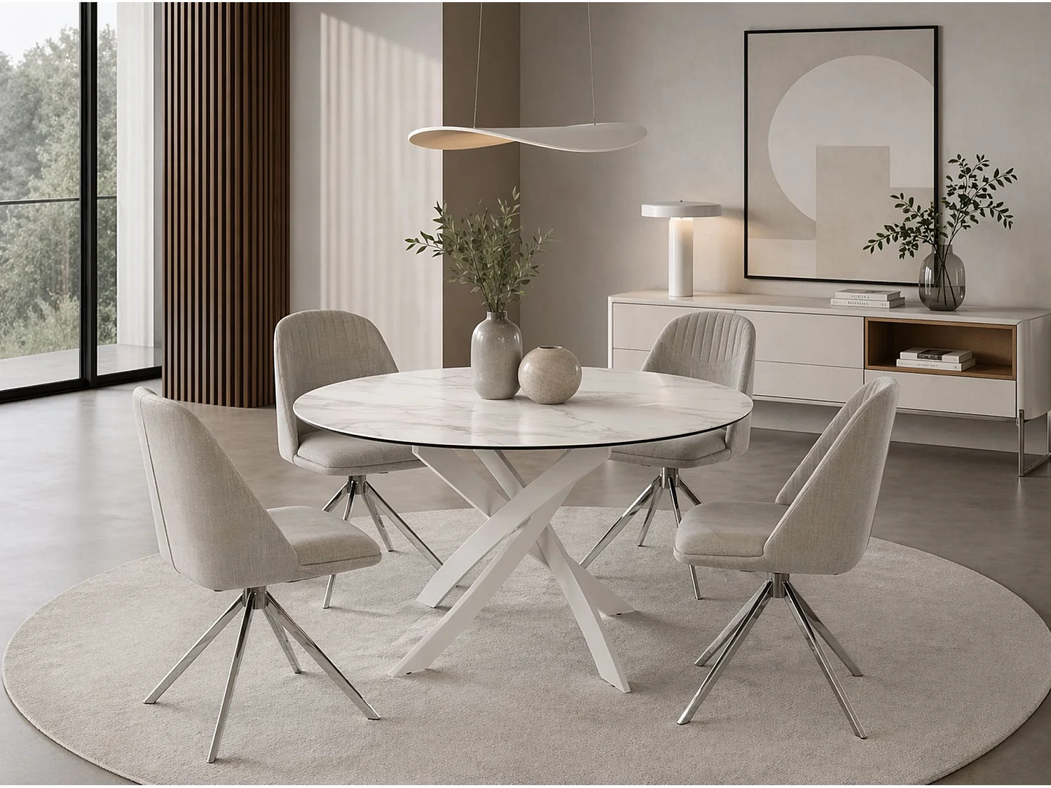 Table à manger ronde en marbre céramique et acier blanc 1138-MarmCalacatta-Silk-Ø120 ANGEL CERDA