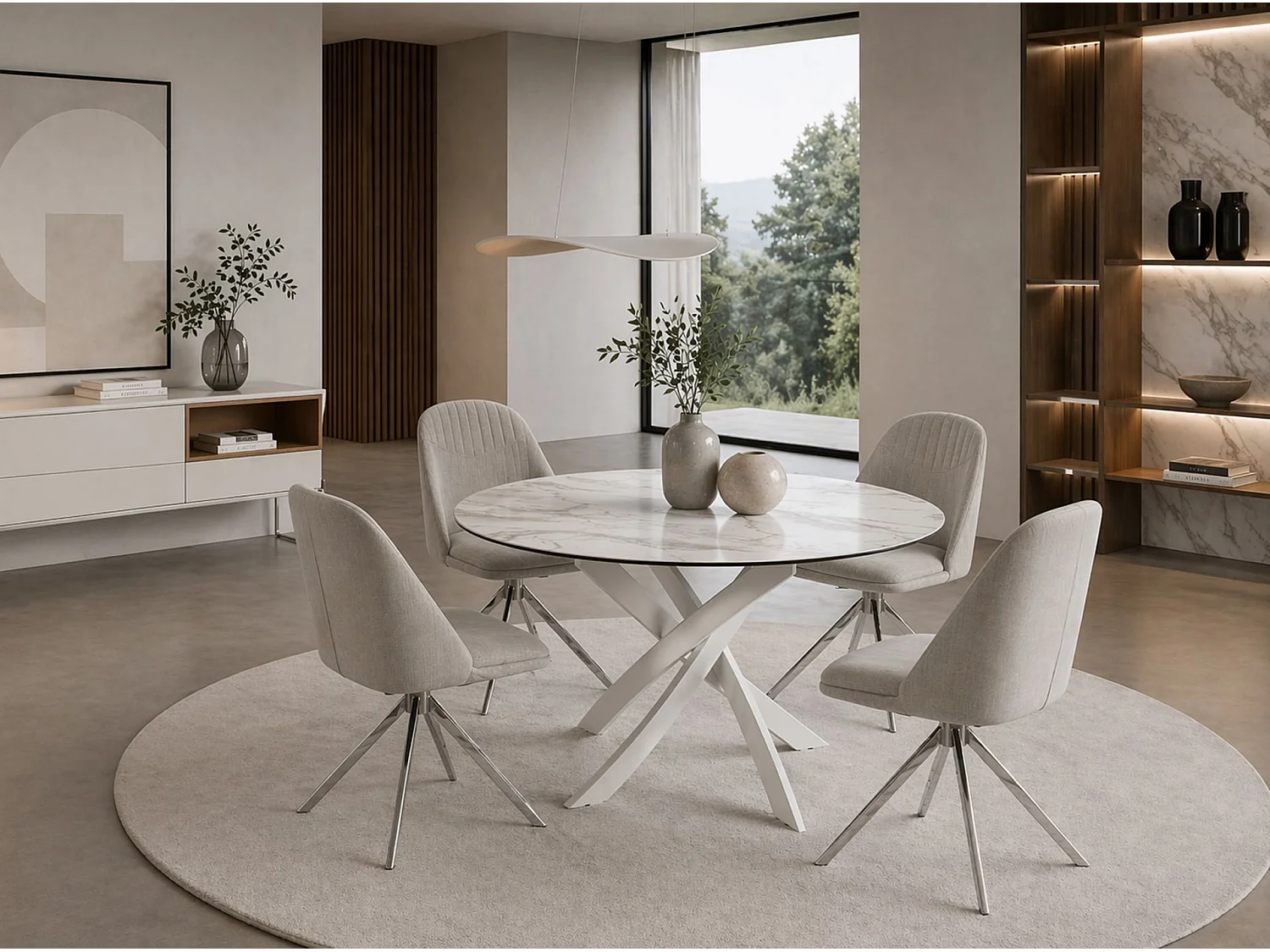 Table à manger ronde en marbre céramique et acier blanc 1138-MarmCalacatta-Silk-Ø120 ANGEL CERDA