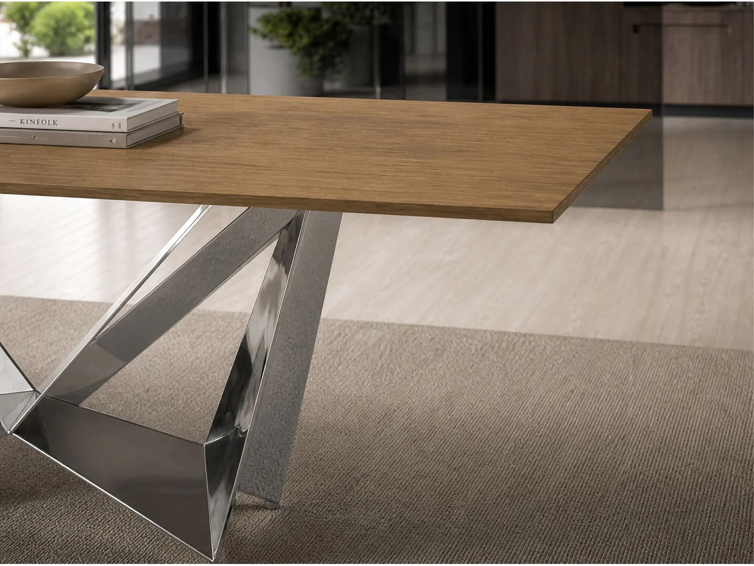 Table à manger rectangulaire en chêne et acier chromé 1053-RECT-ROBLE-200x95-AcCr ANGEL CERDA