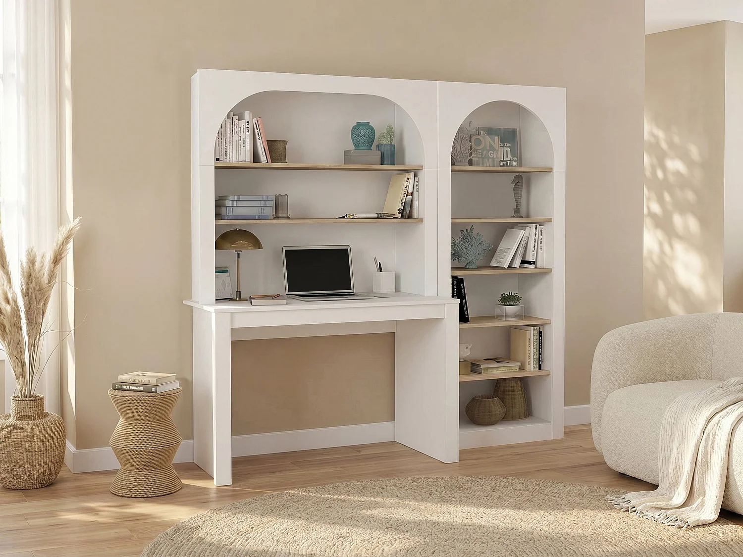 Bureau bibliothèque avec 2 étagères et 6 niches - Blanc et naturel - CYMORA