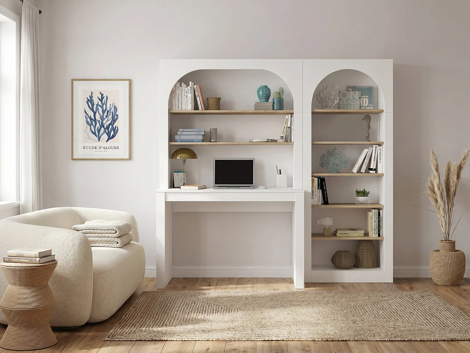 Bureau bibliothèque avec 2 étagères et 6 niches - Blanc et naturel - CYMORA