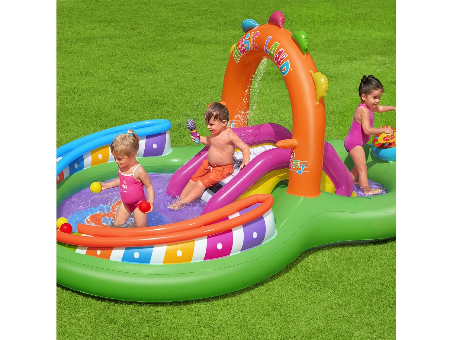 Piscine Gonflable Centre de Jeux Bestway Sing & Splash Little Astronaut 295x190x137 cm pour Enfants +2 Ans avec Toboggan, 6 Balles, 2 Cerceaux et 2 Instruments