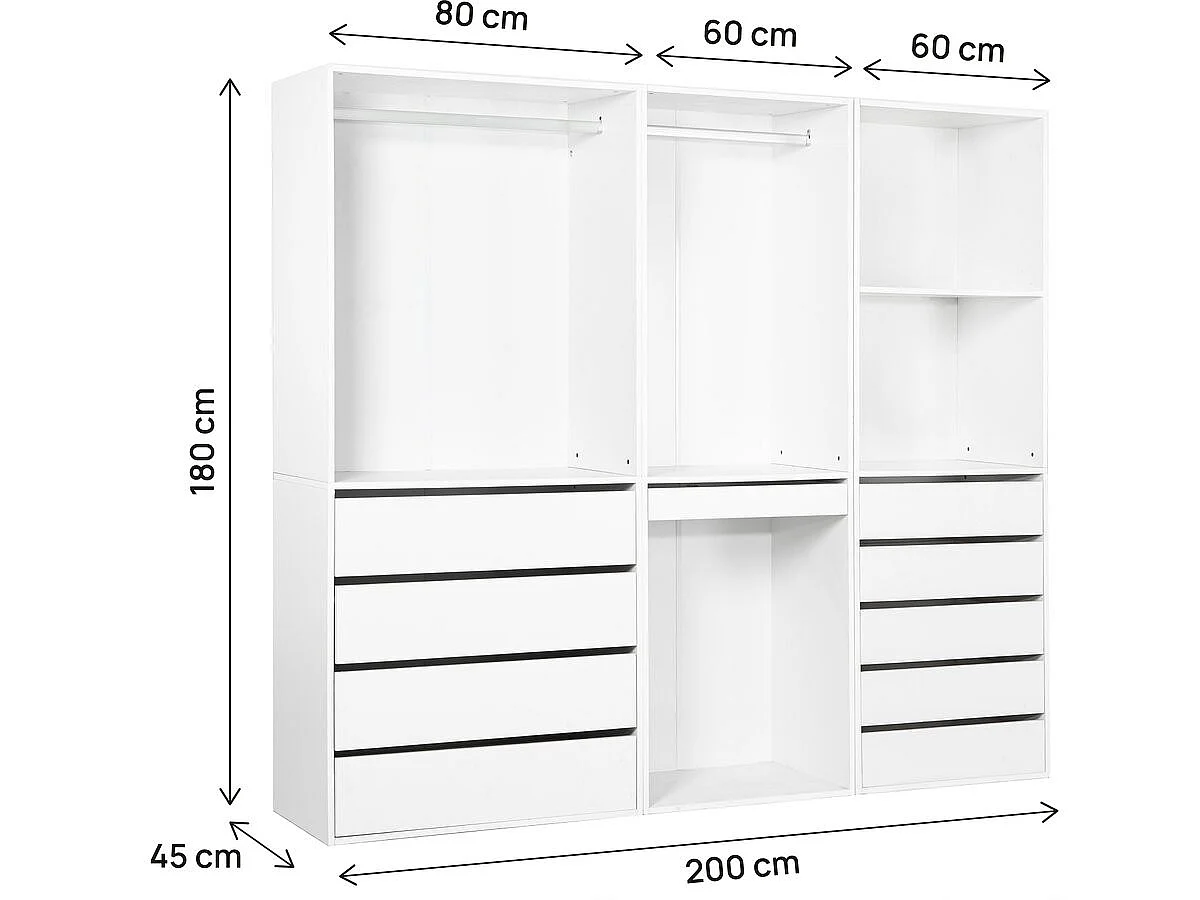 Modulärt "Opéra" vitt påklädningskit - 3 element - 9 lådor, 2 hyllor, 2 garderober, byxhängare