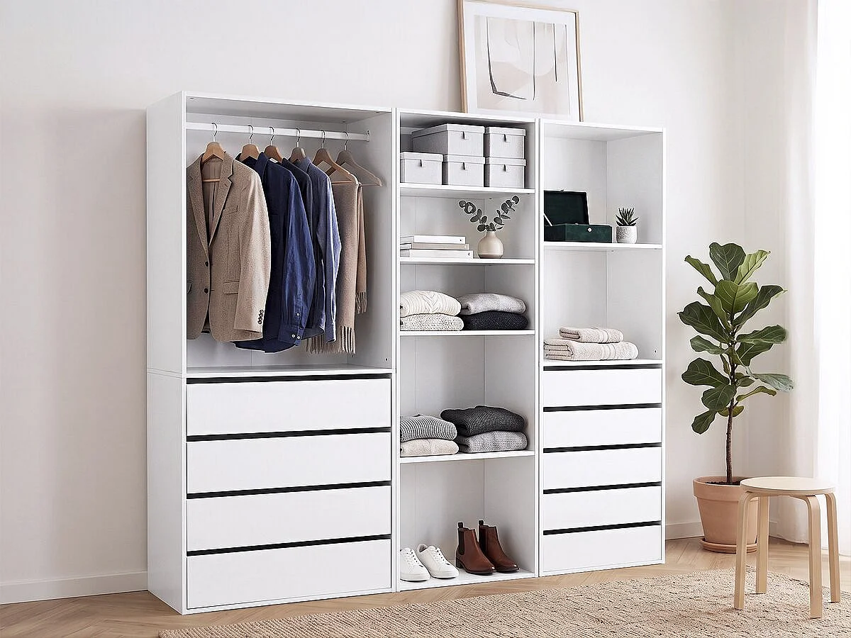 Modulärt "Opéra" Dressing Kit - Vit - 3 Element - Garderob, 9 Lådor, 7 Hyllor - Robust Struktur
