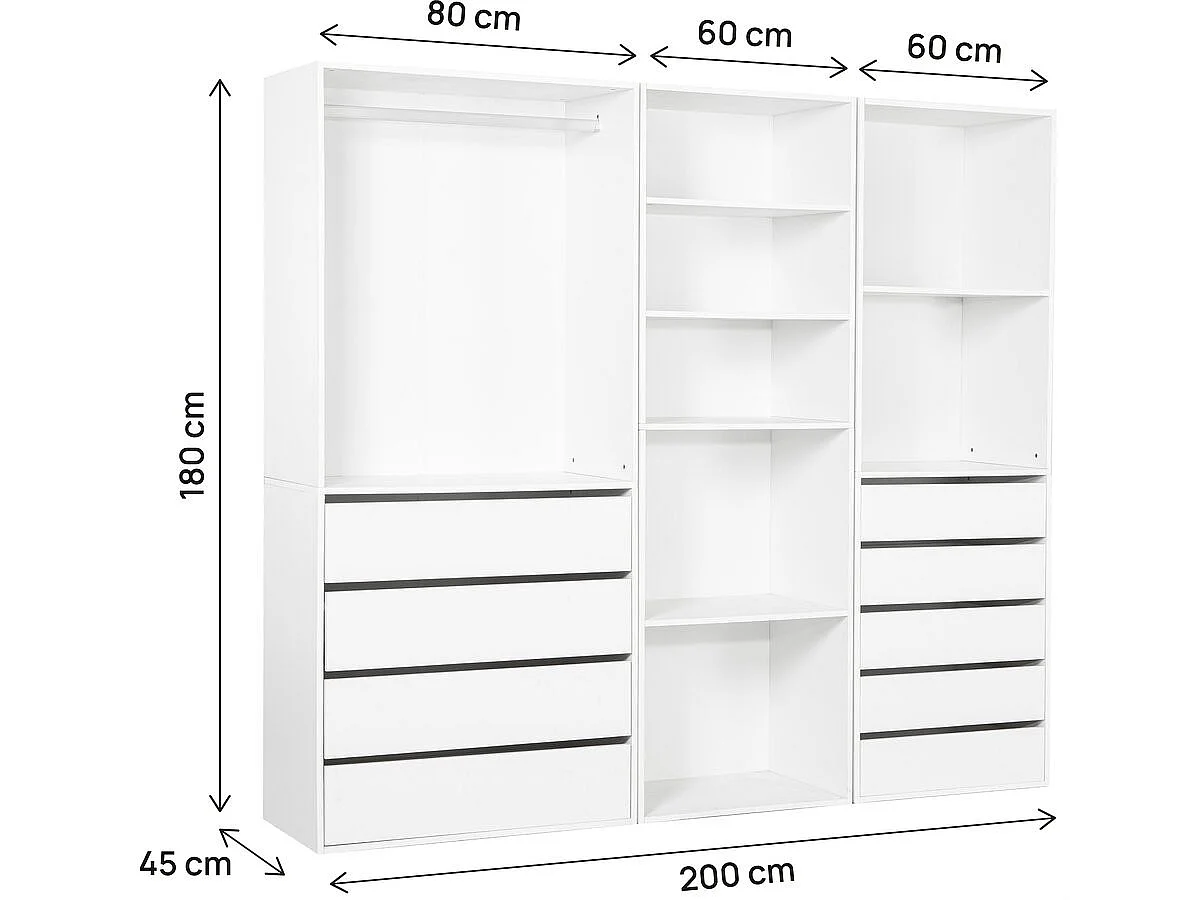 Modulärt "Opéra" Dressing Kit - Vit - 3 Element - Garderob, 9 Lådor, 7 Hyllor - Robust Struktur