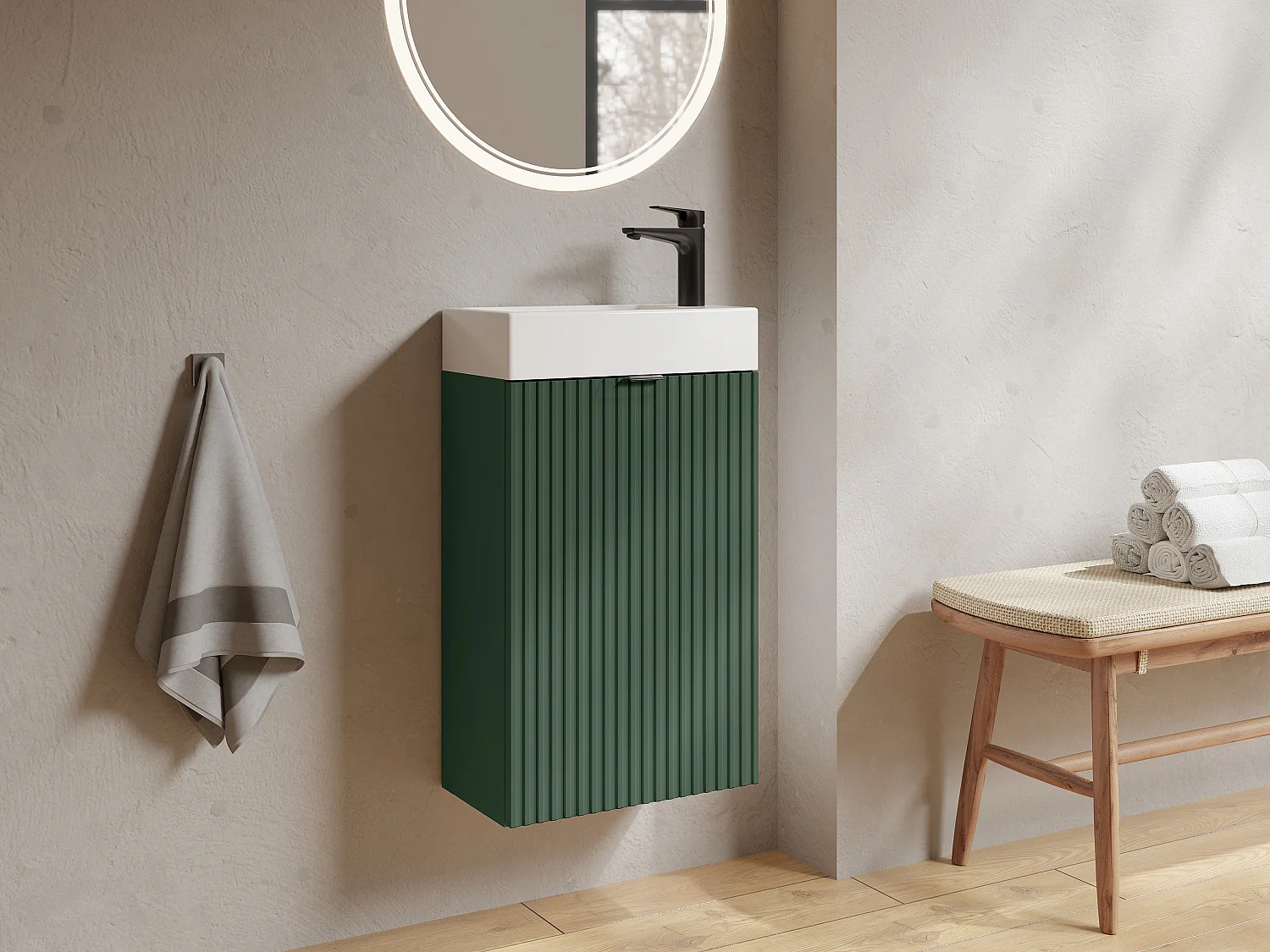 Meuble lave main strié porte réversible vert - H60 x L40 x P22 - VAHIRA