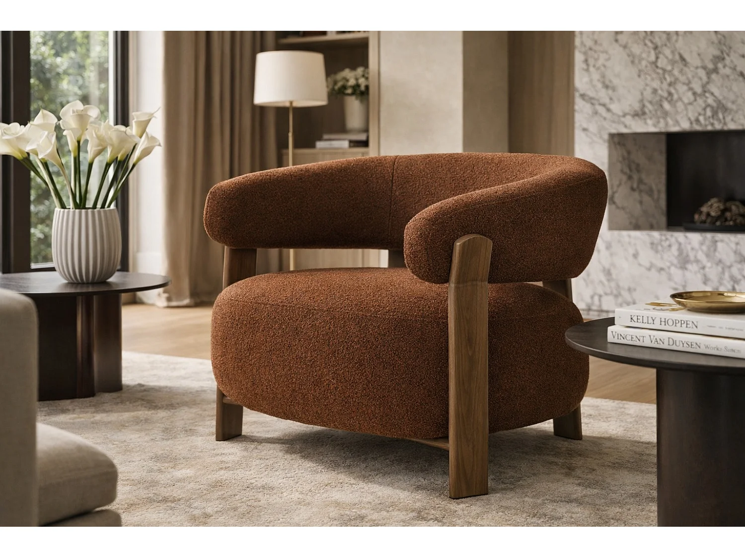 Fauteuil Robyn en tissu bouclé marron, design arrondi