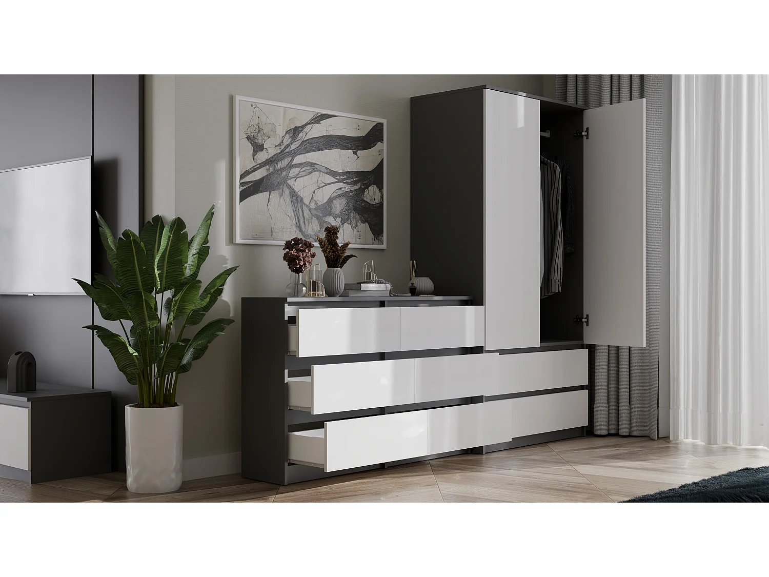 Cassettiera per camera da letto con 6 cassetti 120x30x75 cm antracite e bianco CMMT10
