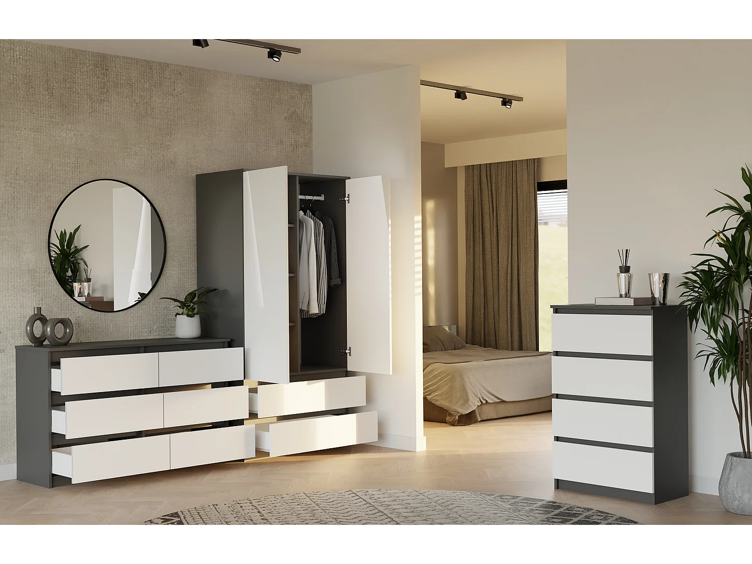 Cassettiera per camera da letto con 6 cassetti 120x30x75 cm antracite e bianco CMMT10