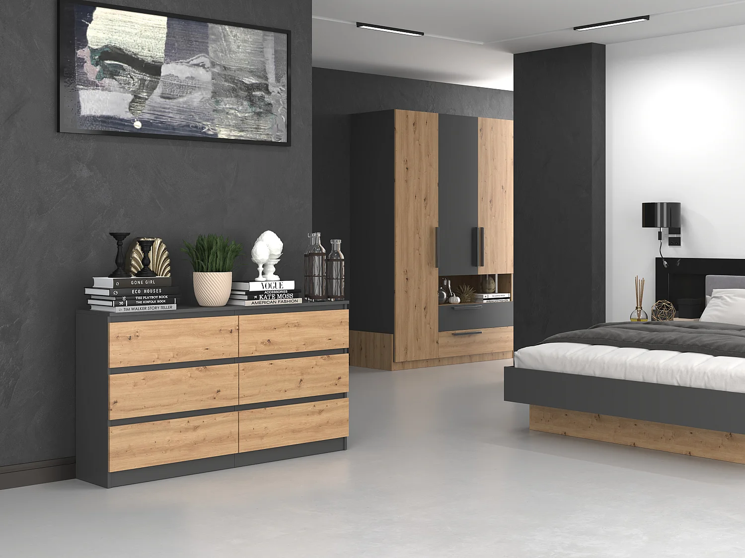 Cassettiera moderna con 6 cassetti 138x40x75 cm rovere/antracite CMMT11