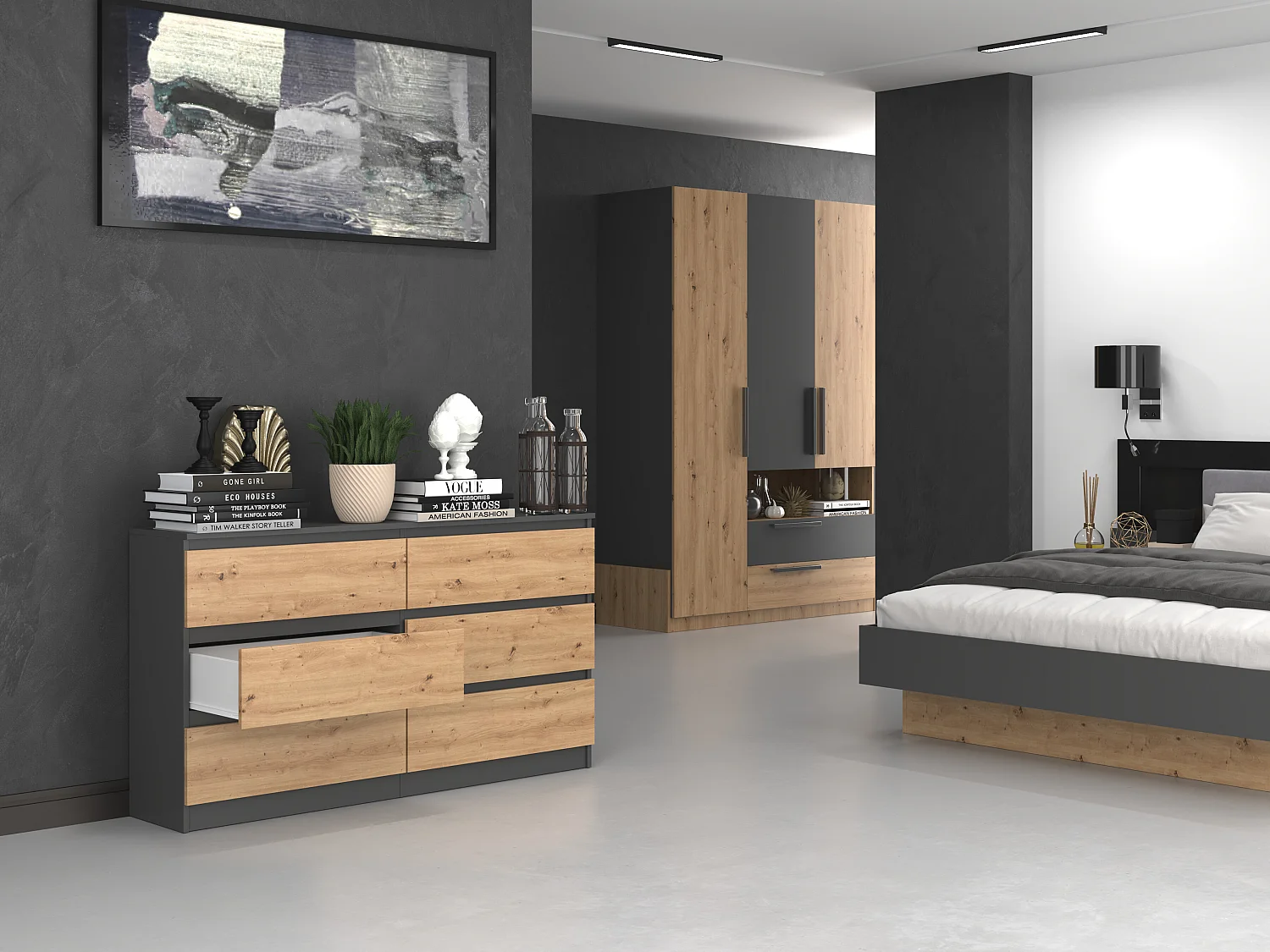 Cassettiera moderna con 6 cassetti 138x40x75 cm rovere/antracite CMMT11
