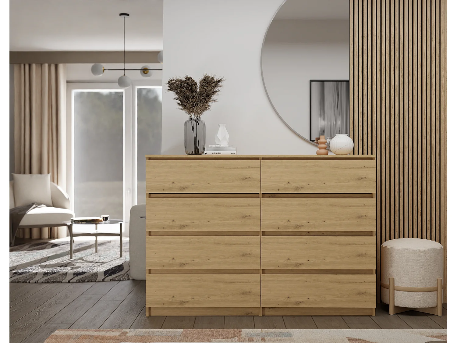 Cassettiera moderna con 8 cassetti 138x40x97 cm rovere CMMT13