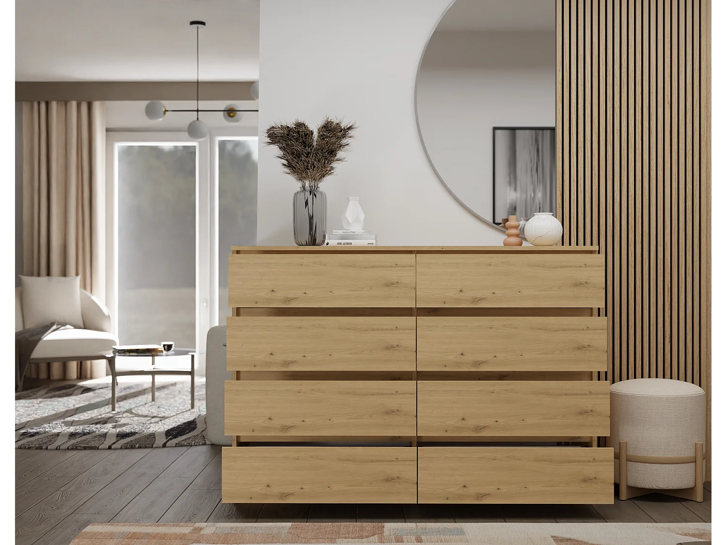 Cassettiera moderna con 8 cassetti 138x40x97 cm rovere CMMT13