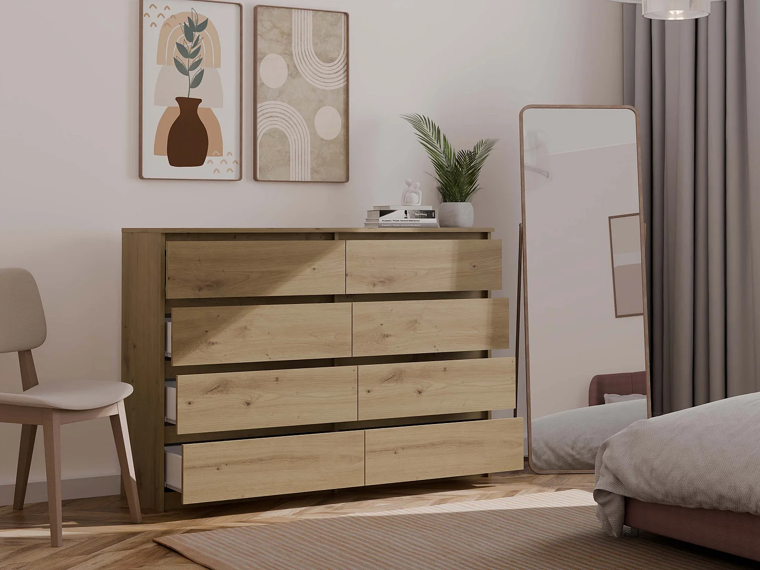 Cassettiera moderna con 8 cassetti 138x40x97 cm rovere CMMT13