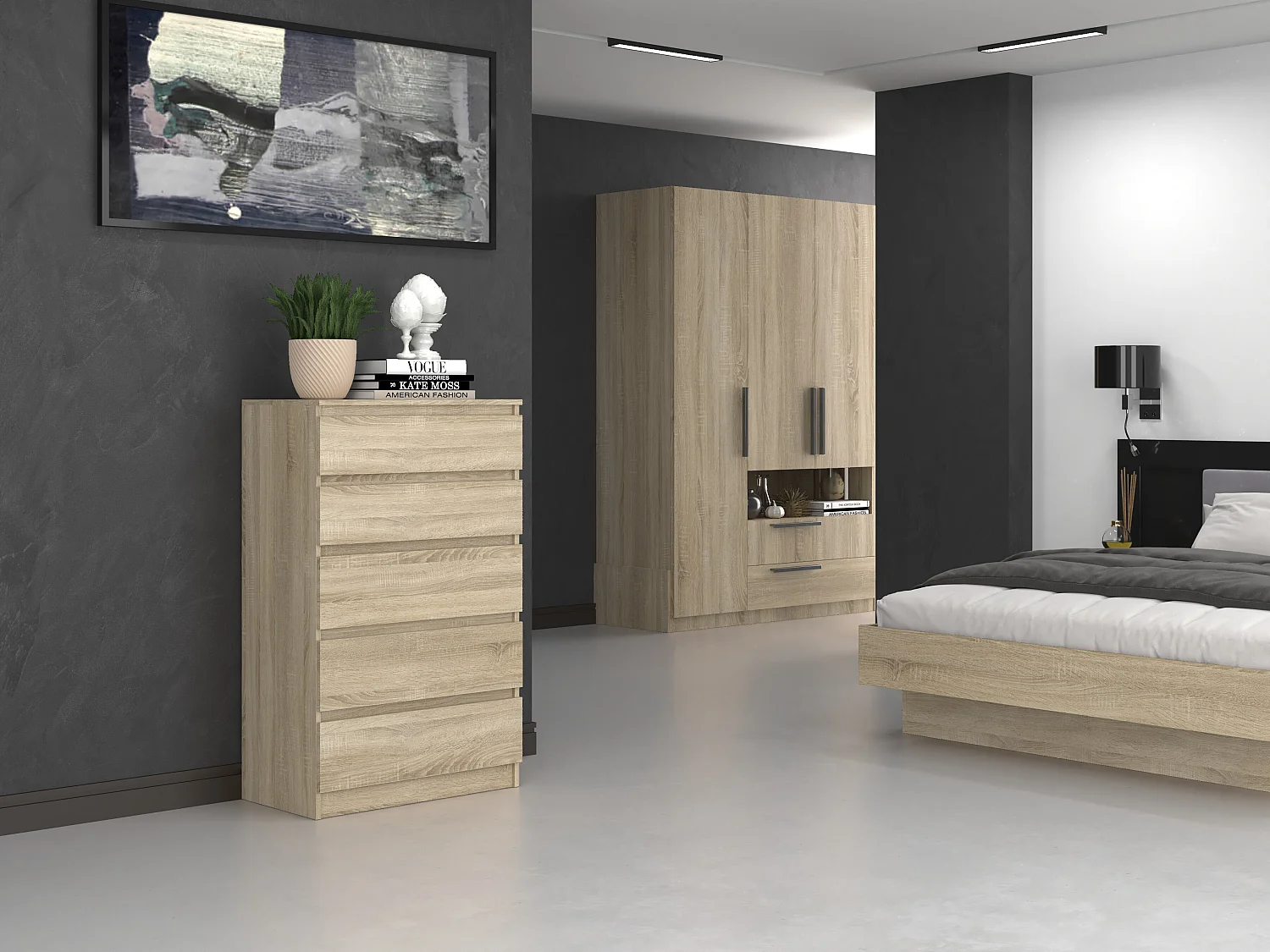 Cassettiera moderna con 5 cassetti 70x40x109 cm rovere chiaro CMMT9