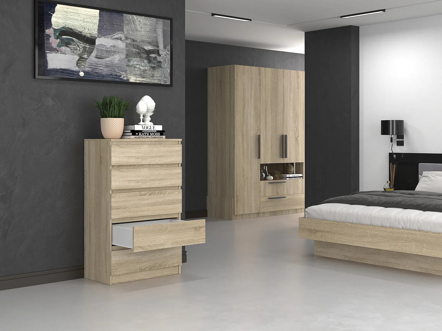 Cassettiera moderna con 5 cassetti 70x40x109 cm rovere chiaro CMMT9