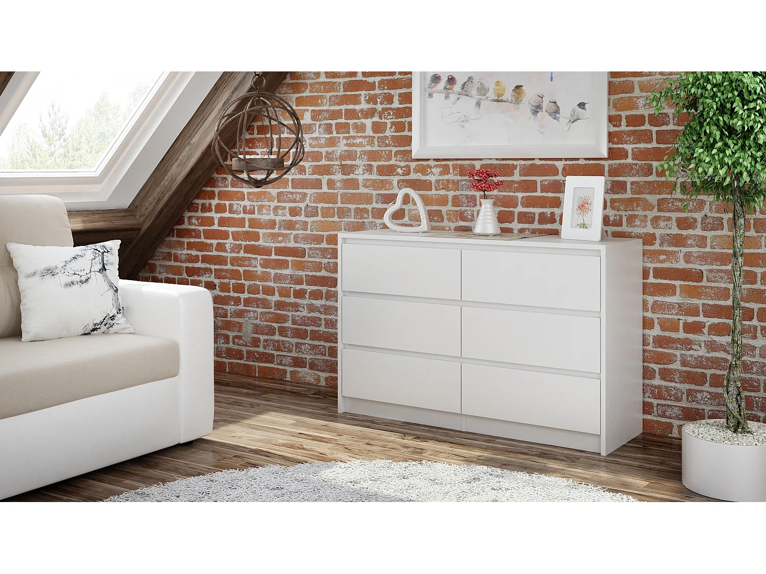 Cassettiera moderna con 6 cassetti 120x40x73 cm bianca CMMT4