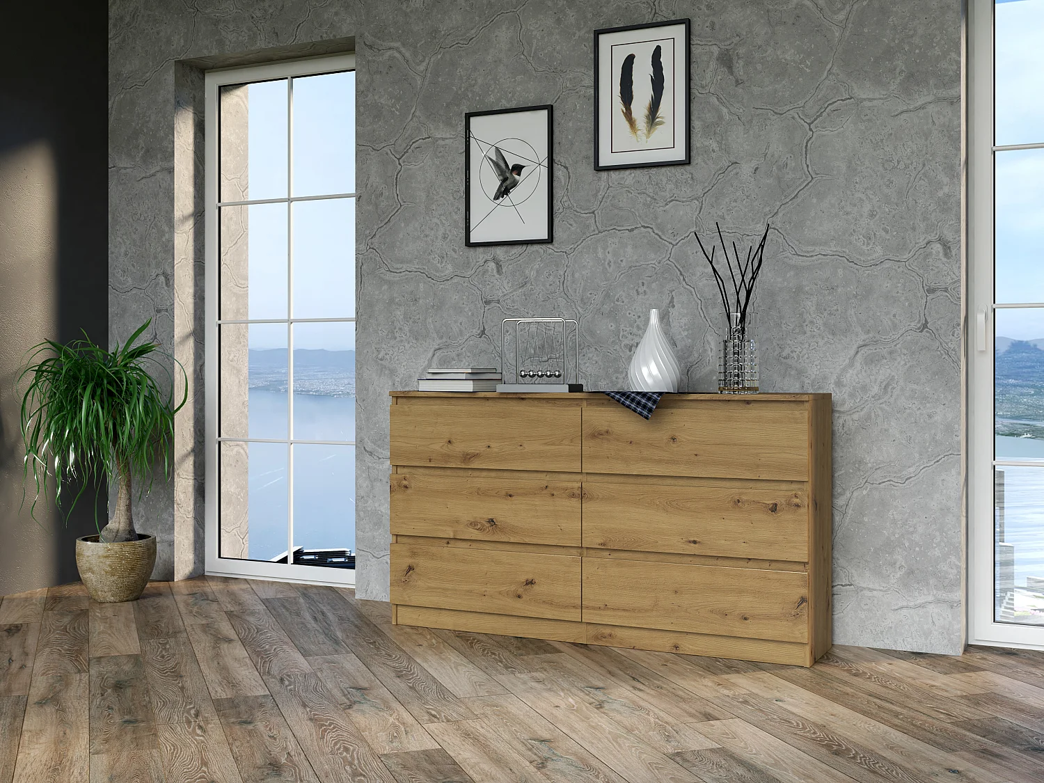 Cassettiera moderna con 6 cassetti 138x40x75 cm rovere CMMT11