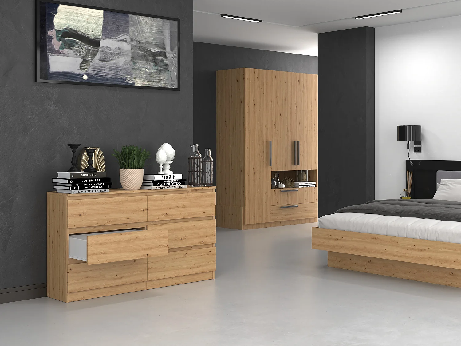 Cassettiera moderna con 6 cassetti 138x40x75 cm rovere CMMT11