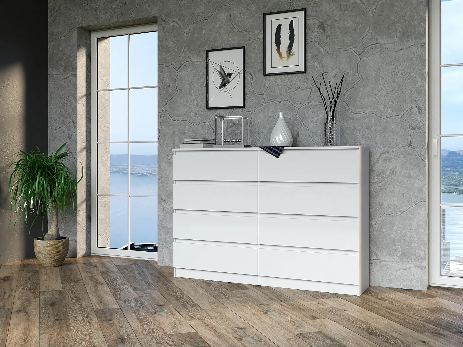 Cassettiera moderna con 8 cassetti 138x40x97 cm bianca CMMT13