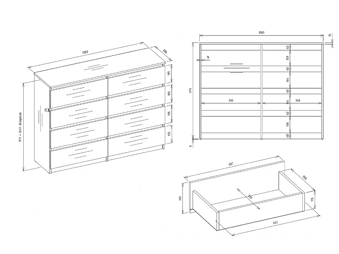 Cassettiera moderna con 8 cassetti 138x40x97 cm bianca CMMT13