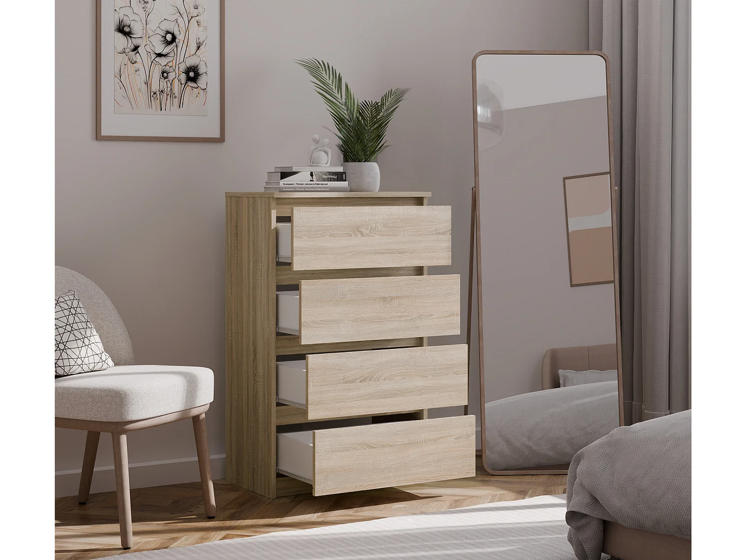 Cassettiera moderna con 4 cassetti 70x40x97cm rovere chiaro CMMT8