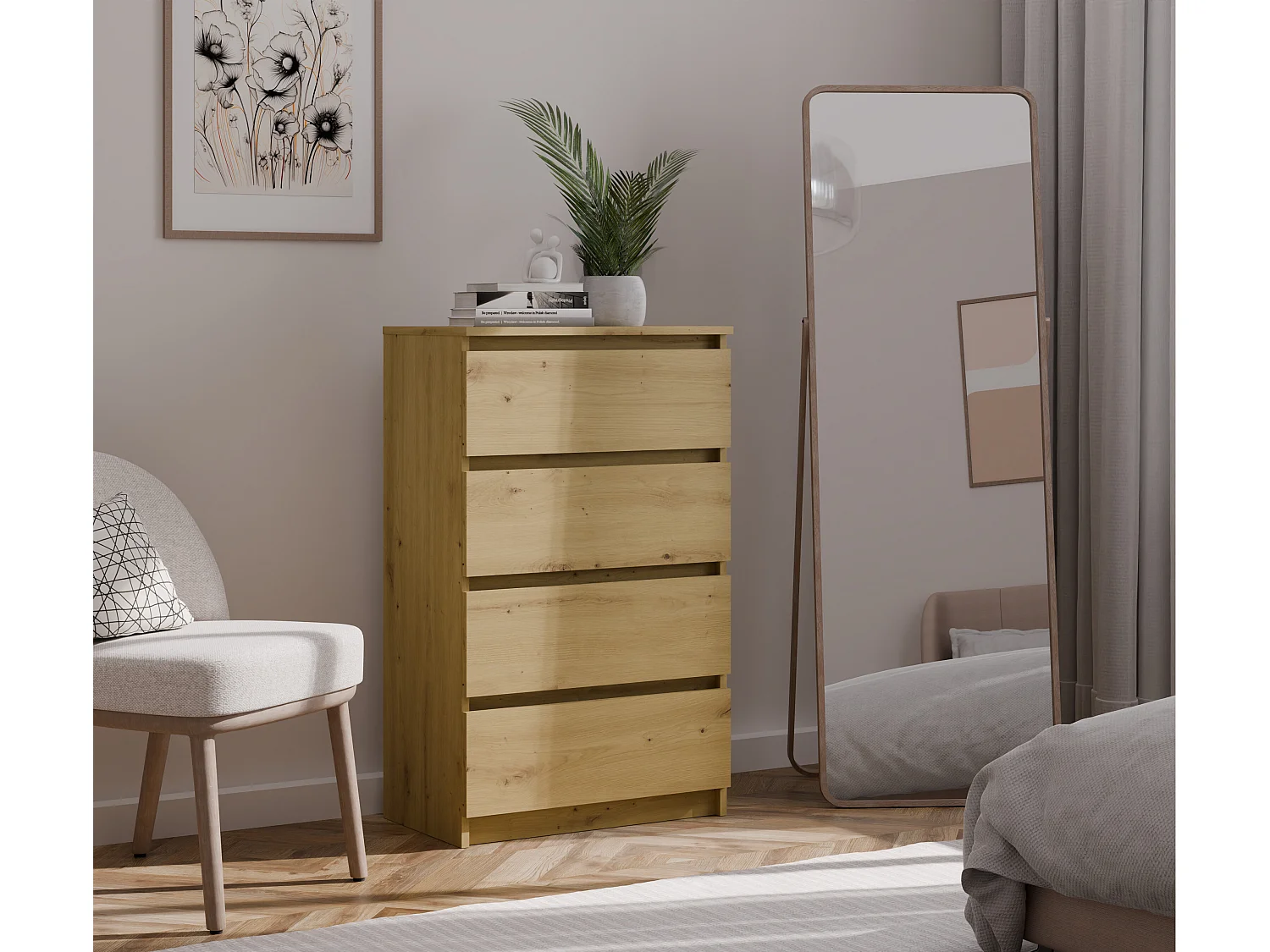 Cassettiera moderna con 4 cassetti 70x40x97cm rovere CMMT8