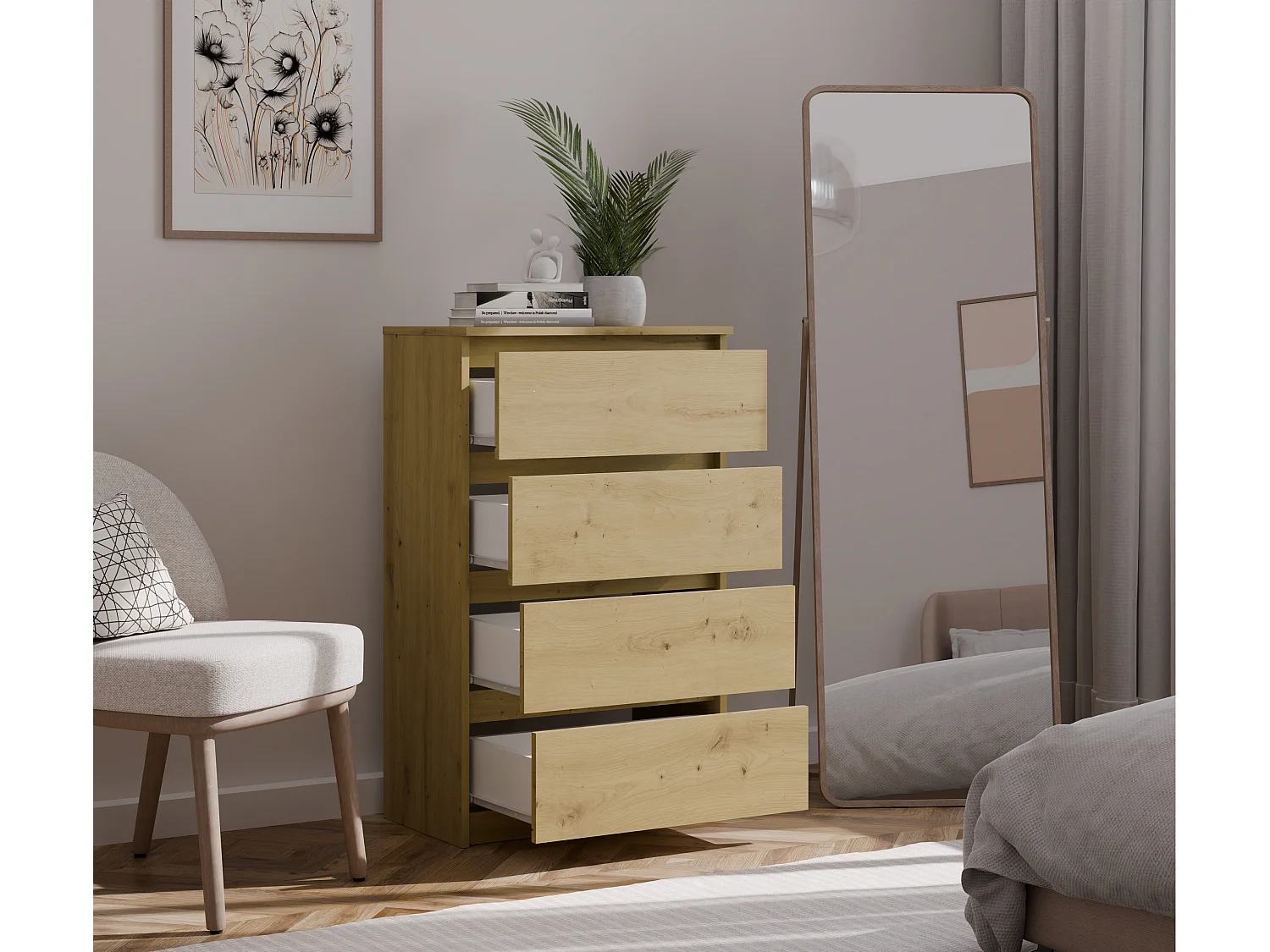 Cassettiera moderna con 4 cassetti 70x40x97cm rovere CMMT8