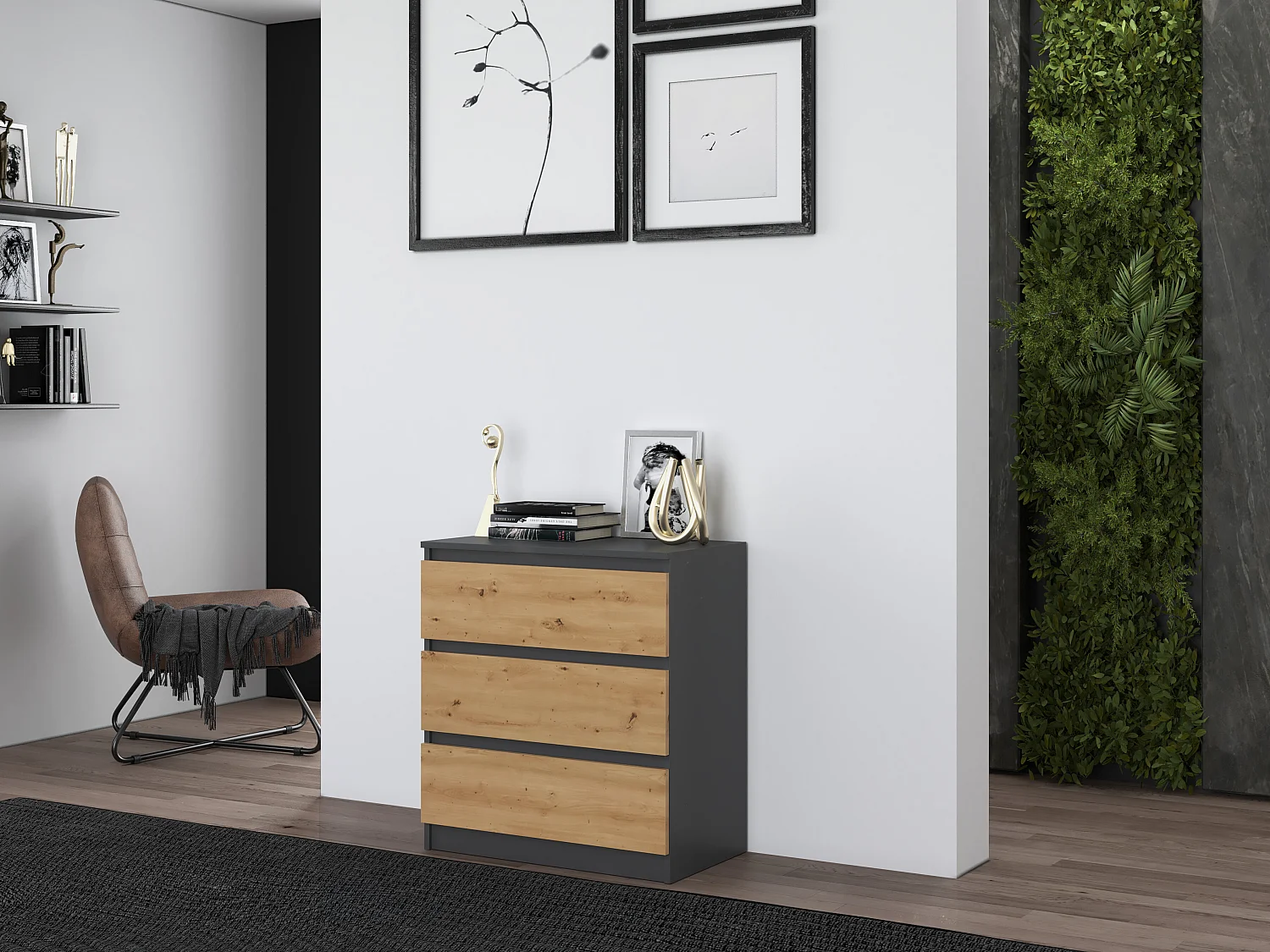 Cassettiera moderna con 3 cassetti 70x40x75 cm rovere/antracite CMMT6