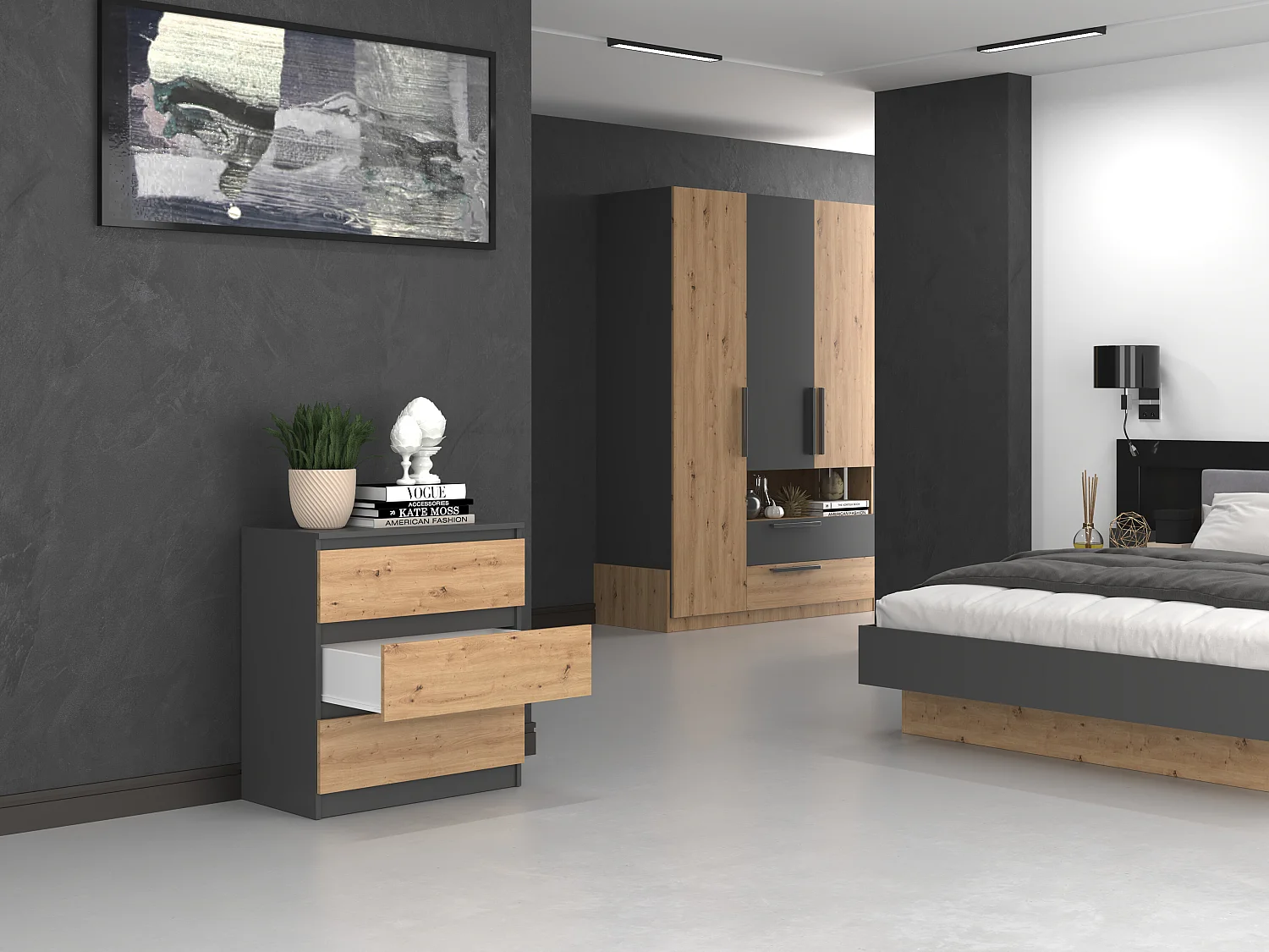 Cassettiera moderna con 3 cassetti 70x40x75 cm rovere/antracite CMMT6