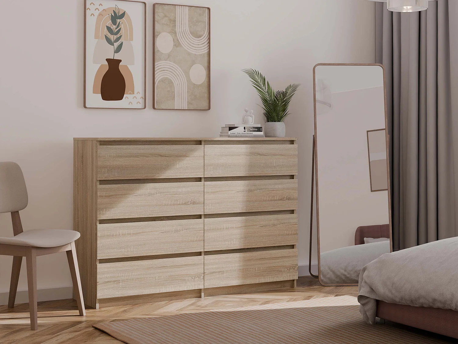 Cassettiera moderna con 8 cassetti 138x40x97 cm rovere chiaro CMMT13