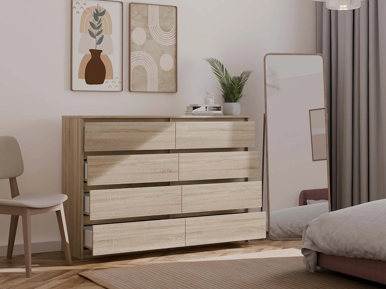 Cassettiera moderna con 8 cassetti 138x40x97 cm rovere chiaro CMMT13