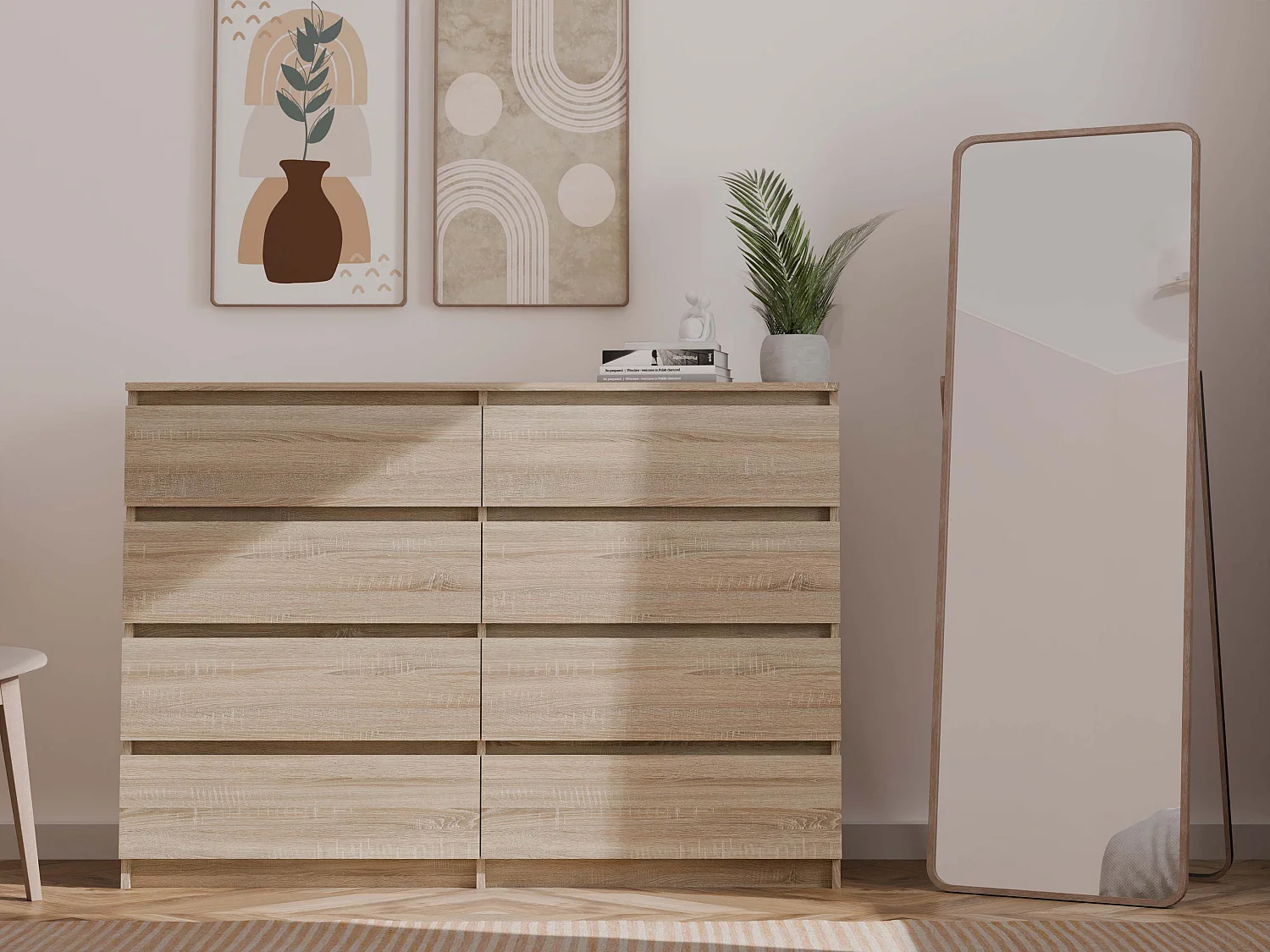 Cassettiera moderna con 8 cassetti 138x40x97 cm rovere chiaro CMMT13