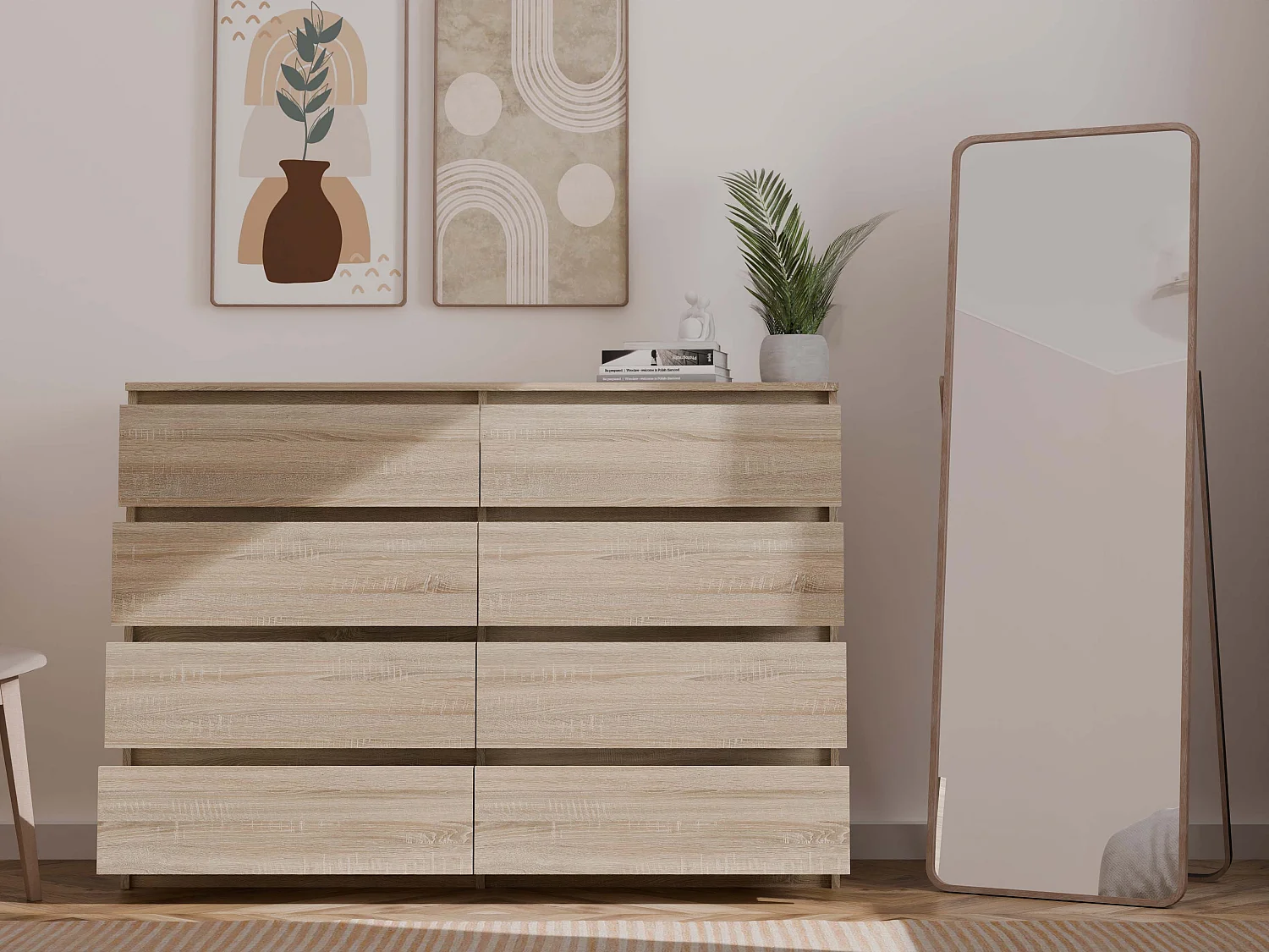 Cassettiera moderna con 8 cassetti 138x40x97 cm rovere chiaro CMMT13