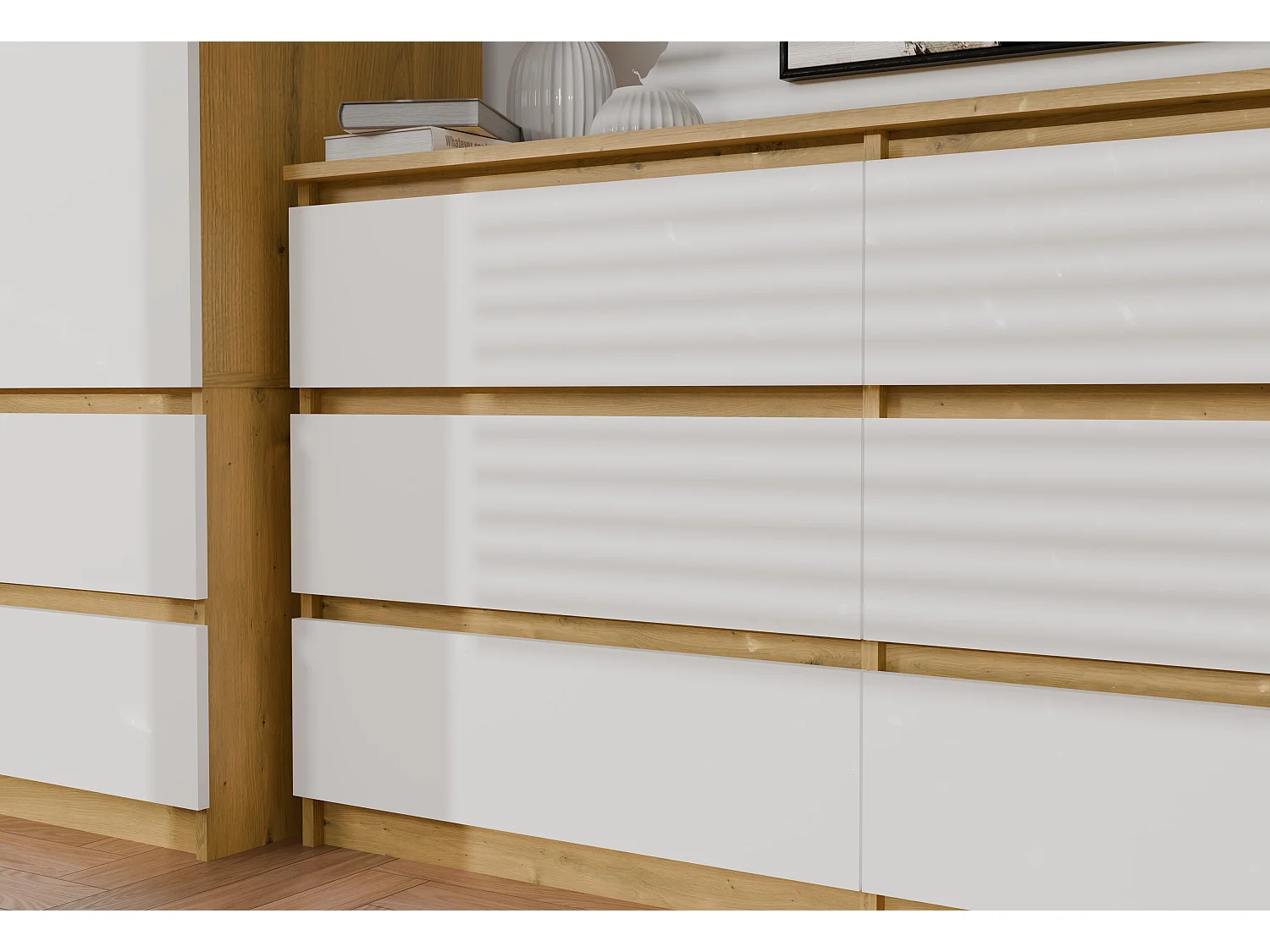Cassettiera moderna con 6 cassetti 138x40x75 cm rovere/bianco CMMT11