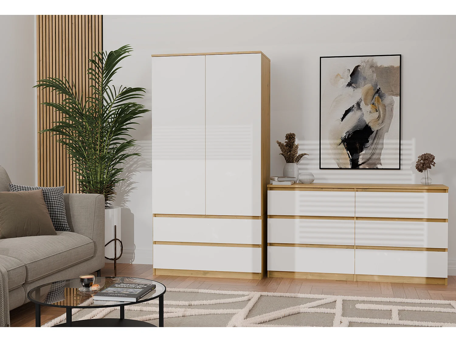 Cassettiera moderna con 6 cassetti 138x40x75 cm rovere/bianco CMMT11