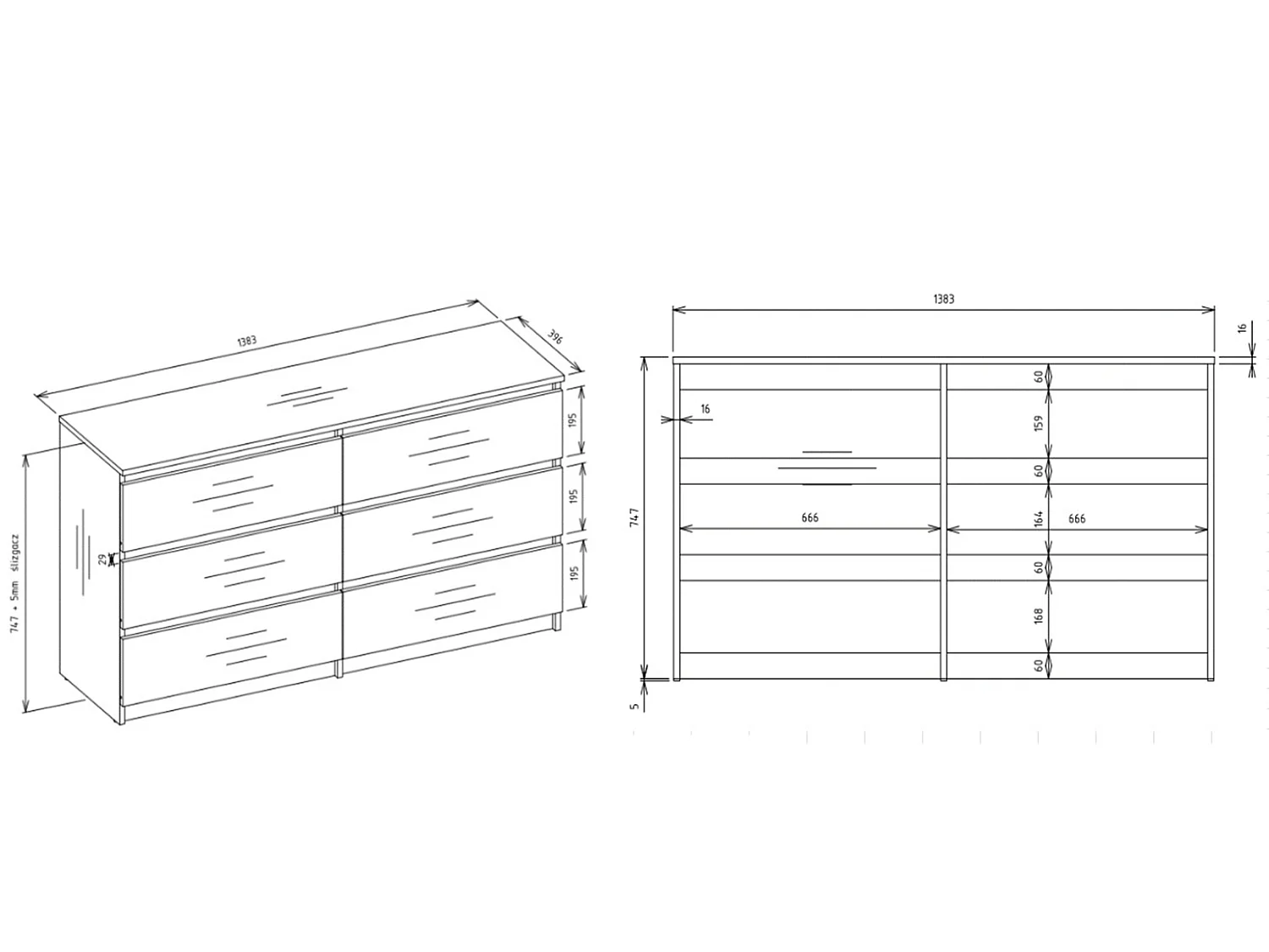 Cassettiera moderna con 6 cassetti 138x40x75 cm rovere/bianco CMMT11