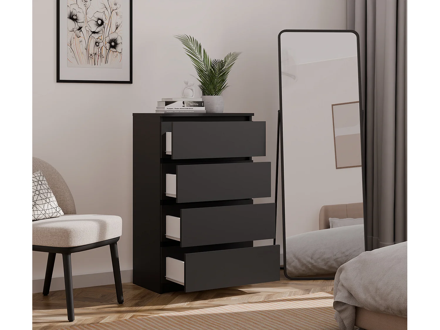 Cassettiera moderna con 4 cassetti 70x40x97cm nera CMMT8