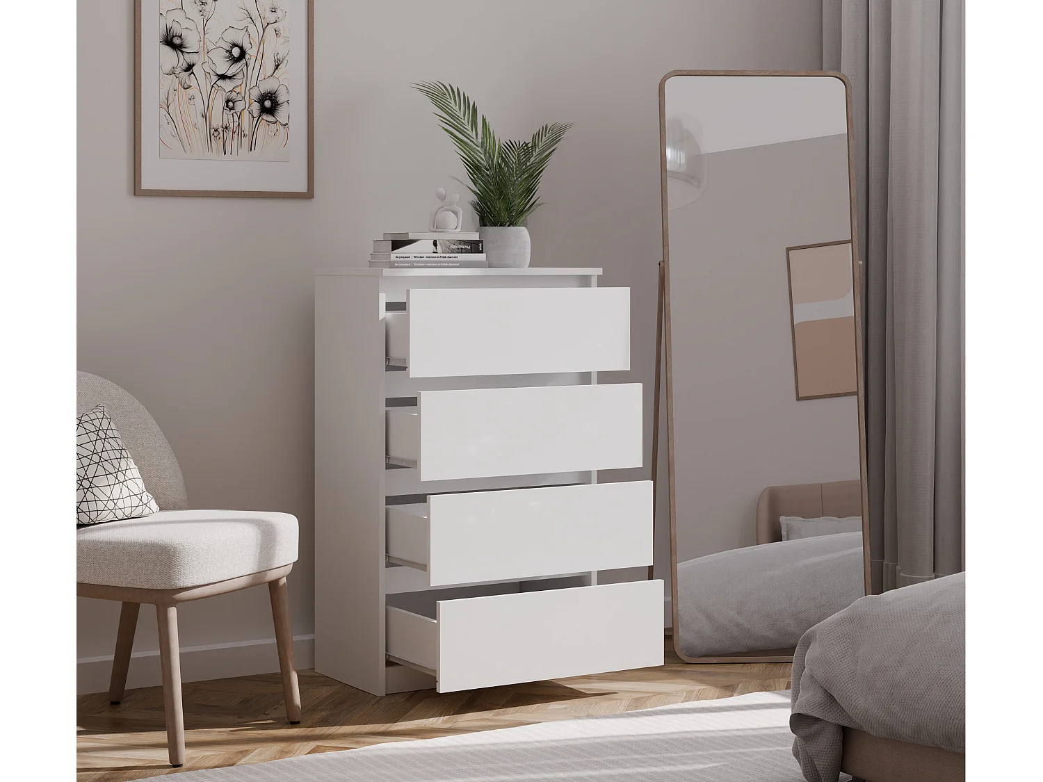 Cassettiera moderna con 4 cassetti 70x40x97cm bianca CMMT8