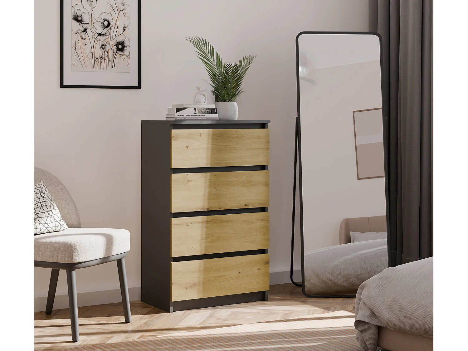 Cassettiera moderna con 4 cassetti 70x40x97cm rovere/antracite CMMT8